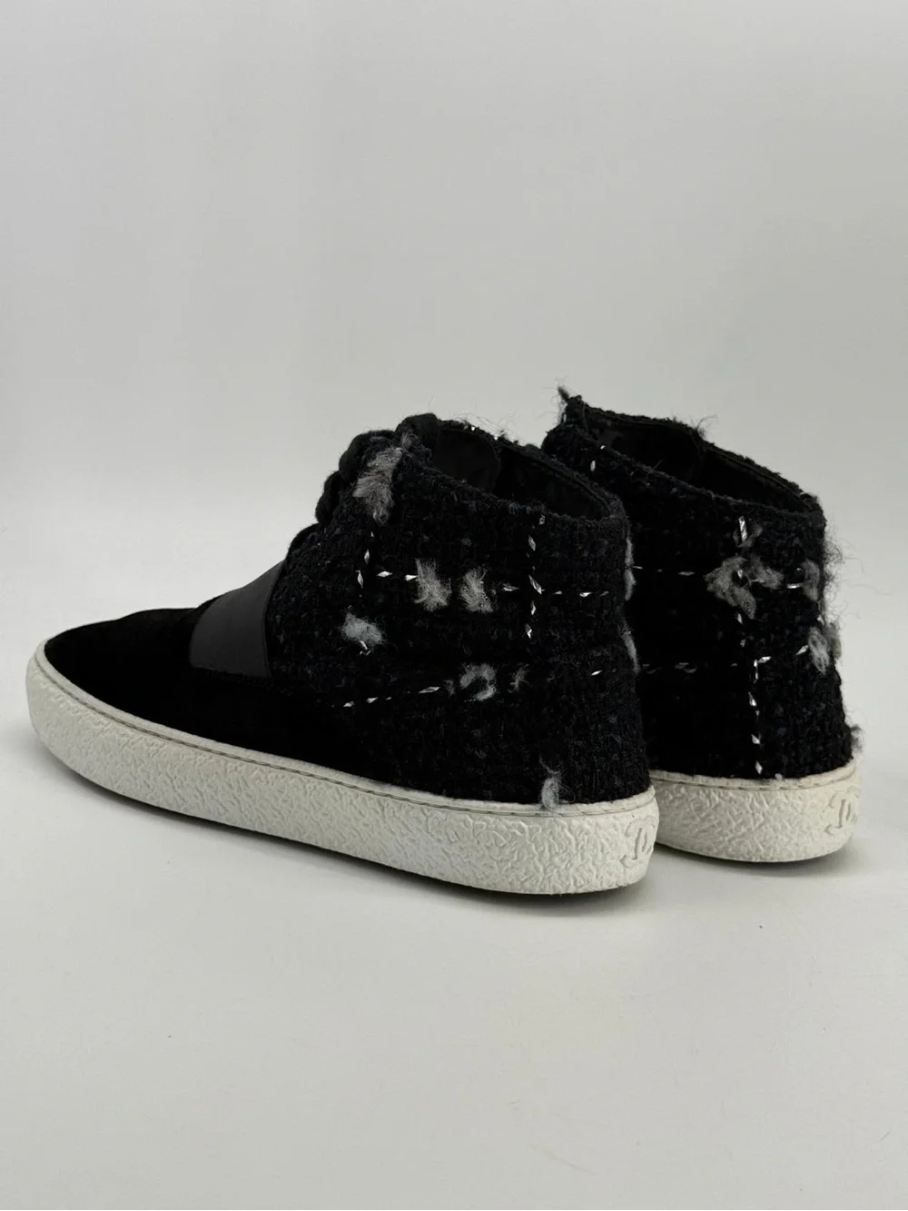 Chanel Black Suede Tweed Mid Top Lace-Up Sneakers Size 6.5